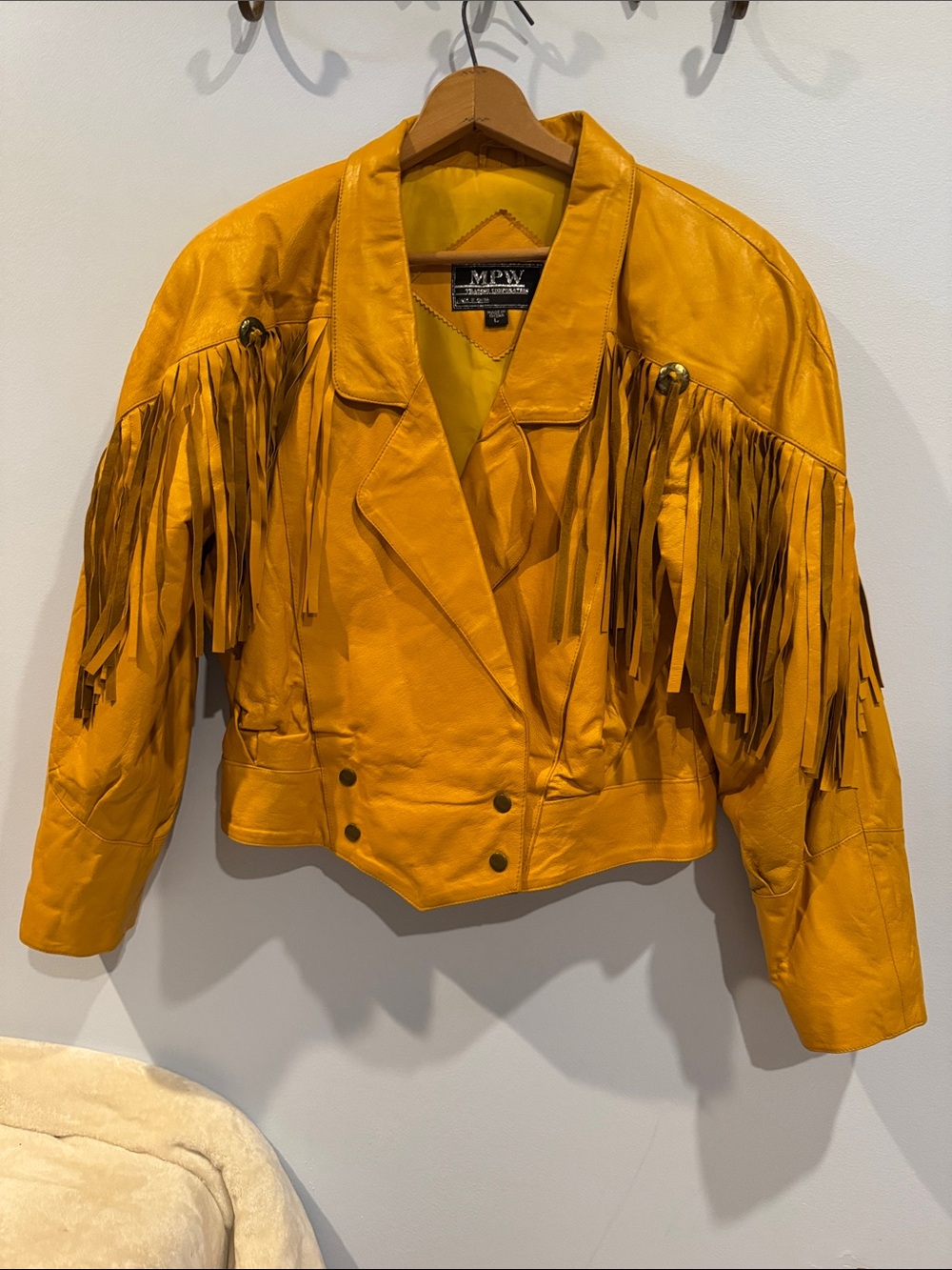 Vintage Yellow Genuine Leather Fringed Cropped Western Jacket L 80s 90s Boho